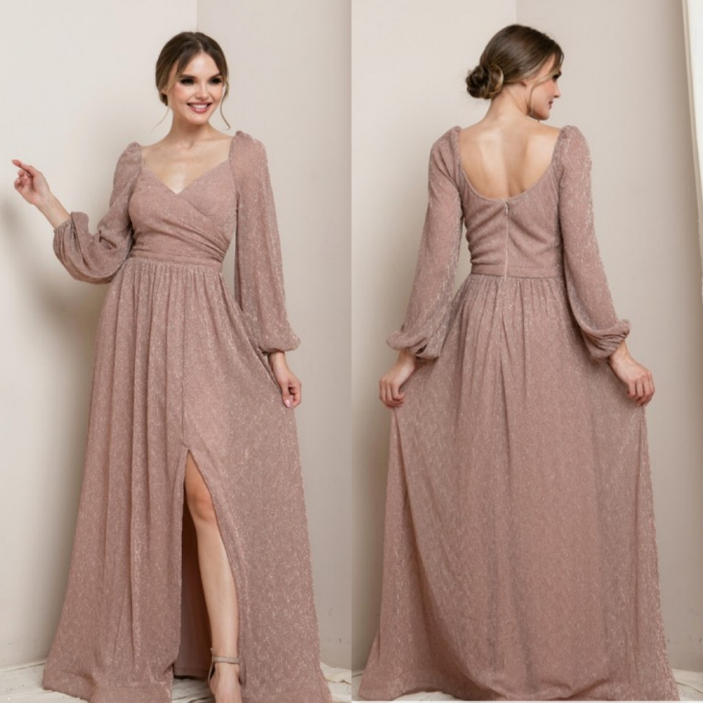Crossover Surplice Neckline Long Sleeve Maxi Dress-Rose Gold